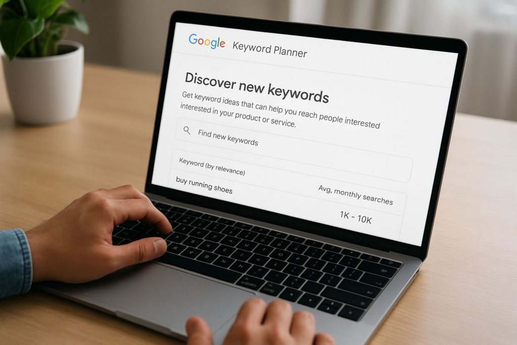 واجهة Google Keyword Planner مع قائمة كلمات مفتاحية تُستخدم لبناء حملة إعلانات قوقل